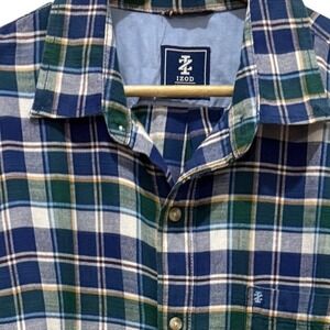 IZOD Mens Long Sleeve Plaid Button Down Shirt Classic Fit Blue Green Yellow